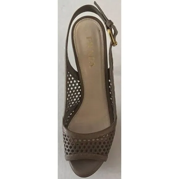 PRADA Sz 36.5 EU 6-6.5 US Perforated Peep Toe Platform Slingback Sandals Neutral