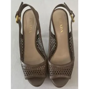 PRADA Sz 36.5 EU 6-6.5 US Perforated Peep Toe Platform Slingback Sandals Neutral