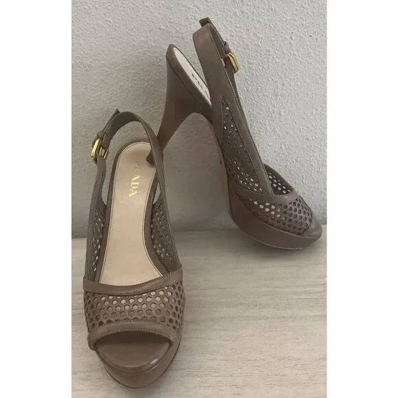 PRADA Sz 36.5 EU 6-6.5 US Perforated Peep Toe Platform Slingback Sandals Neutral