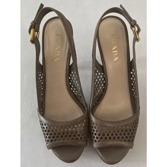 PRADA Sz 36.5 EU 6-6.5 US Perforated Peep Toe Platform Slingback Sandals Neutral