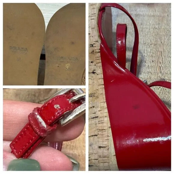 PRADA Wedge Cork Sandals Leather Platform Heels Bliss Rosso Sz 38 EU 8B US Italy