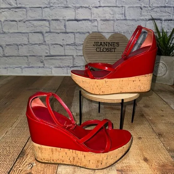 PRADA Wedge Cork Sandals Leather Platform Heels Bliss Rosso Sz 38 EU 8B US Italy