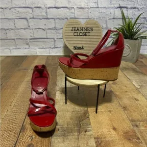 PRADA Wedge Cork Sandals Leather Platform Heels Bliss Rosso Sz 38 EU 8B US Italy
