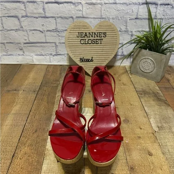 PRADA Wedge Cork Sandals Leather Platform Heels Bliss Rosso Sz 38 EU 8B US Italy