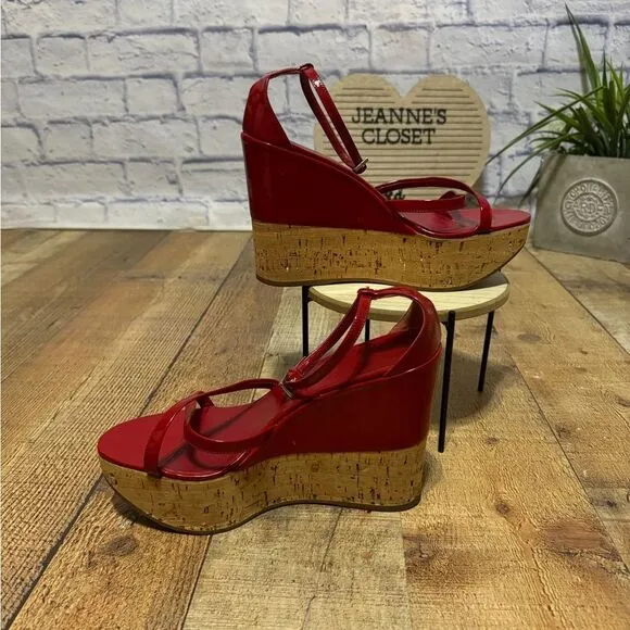 PRADA Wedge Cork Sandals Leather Platform Heels Bliss Rosso Sz 38 EU 8B US Italy