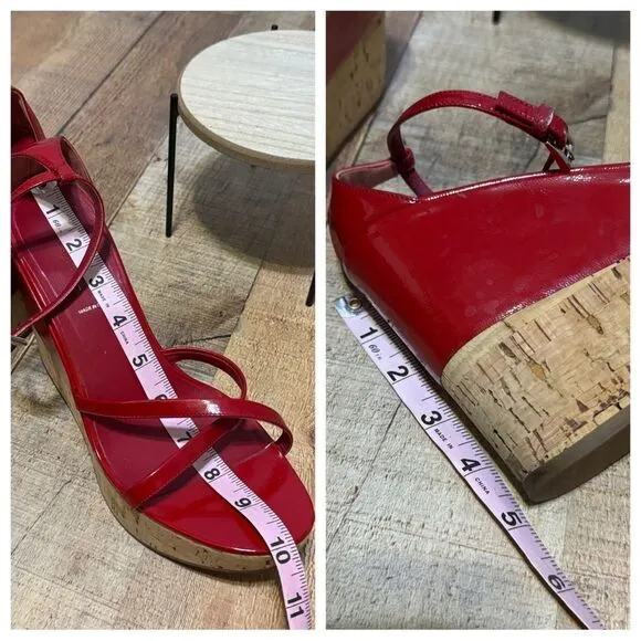 PRADA Wedge Cork Sandals Leather Platform Heels Bliss Rosso Sz 38 EU 8B US Italy