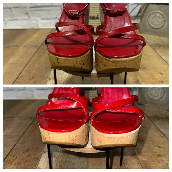PRADA Wedge Cork Sandals Leather Platform Heels Bliss Rosso Sz 38 EU 8B US Italy