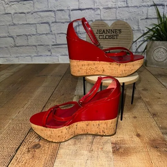 PRADA Wedge Cork Sandals Leather Platform Heels Bliss Rosso Sz 38 EU 8B US Italy