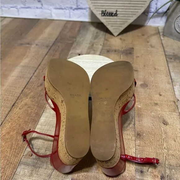 PRADA Wedge Cork Sandals Leather Platform Heels Bliss Rosso Sz 38 EU 8B US Italy