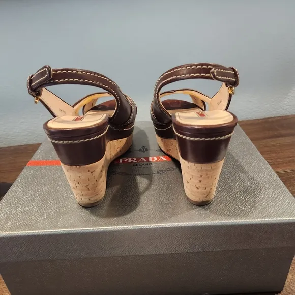 Prada Womens Brown Wedge Sandals, Size 35