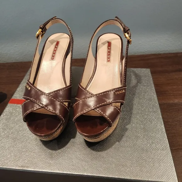 Prada Womens Brown Wedge Sandals, Size 35