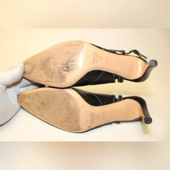 Prada Womens Size 7.5 38 Leather Heeled Slingbacks Pointed Toe Italy Made Shoes