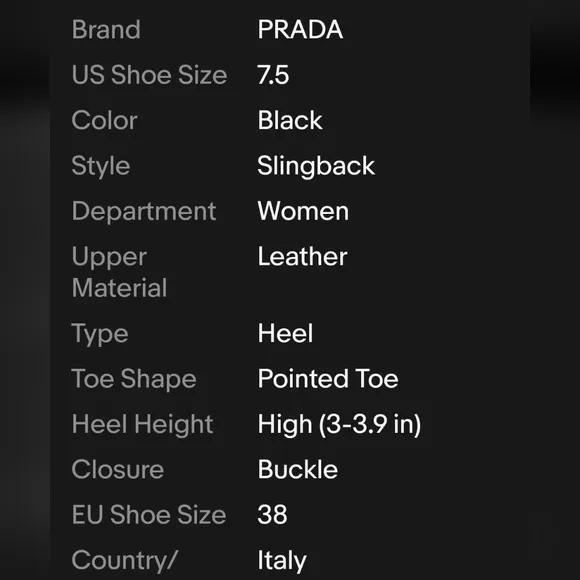 Prada Womens Size 7.5 38 Leather Heeled Slingbacks Pointed Toe Italy Made Shoes