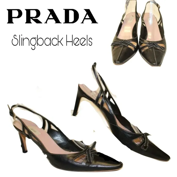 Prada Womens Size 7.5 38 Leather Heeled Slingbacks Pointed Toe Italy Made Shoes