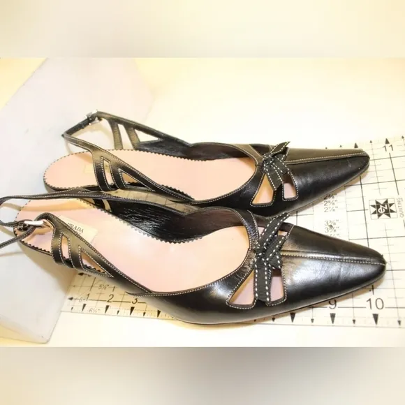 Prada Womens Size 7.5 38 Leather Heeled Slingbacks Pointed Toe Italy Made Shoes