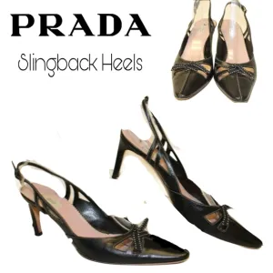 Prada Womens Size 7.5 38 Leather Heeled Slingbacks Pointed Toe Italy Made Shoes