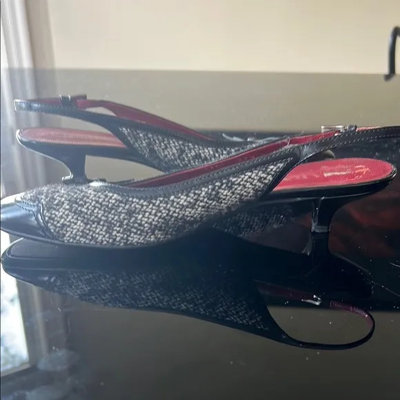 Prada Y2K Women Black and Gray Tweed Slingback kitten heel pump 371/2 made Italy
