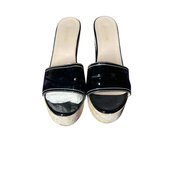 Preloved Prada Black Patent Leather/Cork Platforms