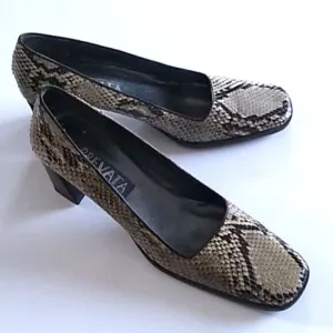 Prevata Snakeskin Heels Brown Cream Genuine Snakeskin, Size 9.5 US