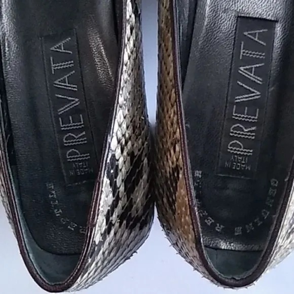 Prevata Snakeskin Heels Brown Cream Genuine Snakeskin, Size 9.5 US