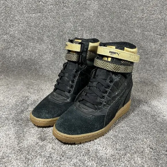 Puma Sky Contact Hidden Wedge High Top Black Gold Leather Shoes Womens Size 7.5