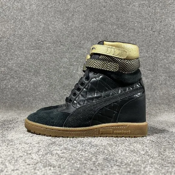 Puma Sky Contact Hidden Wedge High Top Black Gold Leather Shoes Womens Size 7.5