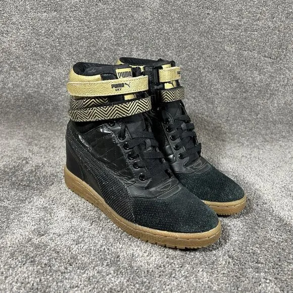 Puma Sky Contact Hidden Wedge High Top Black Gold Leather Shoes Womens Size 7.5