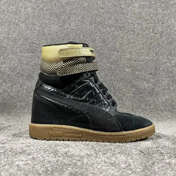 Puma Sky Contact Hidden Wedge High Top Black Gold Leather Shoes Womens Size 7.5