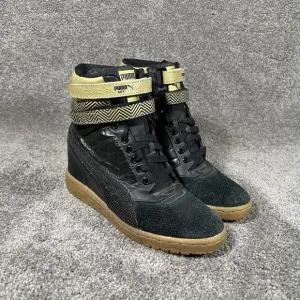 Puma Sky Contact Hidden Wedge High Top Black Gold Leather Shoes Womens Size 7.5