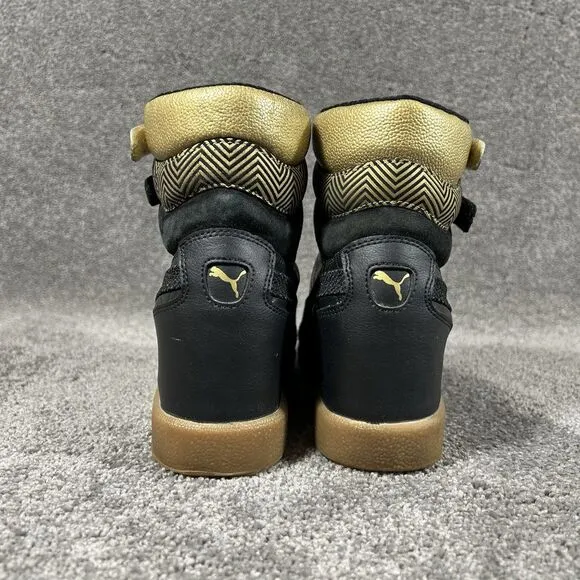 Puma Sky Contact Hidden Wedge High Top Black Gold Leather Shoes Womens Size 7.5