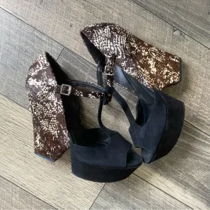Rachel Zoe Black Suede Animal Print Platform Wedge Heels T-strap Open Toe Sz 11