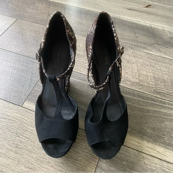 Rachel Zoe Black Suede Animal Print Platform Wedge Heels T-strap Open Toe Sz 11