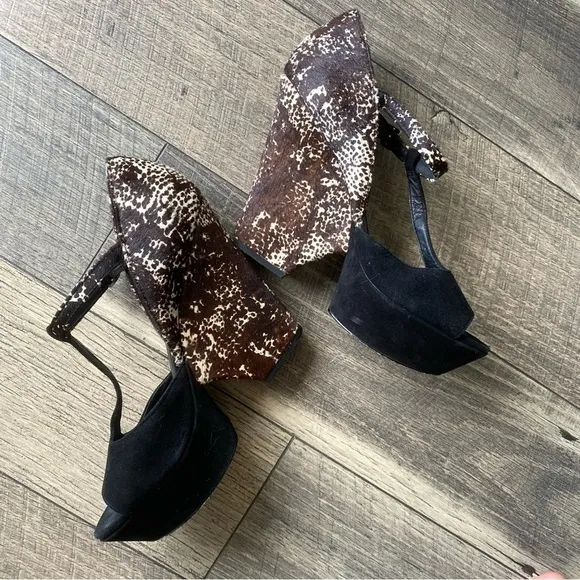 Rachel Zoe Black Suede Animal Print Platform Wedge Heels T-strap Open Toe Sz 11