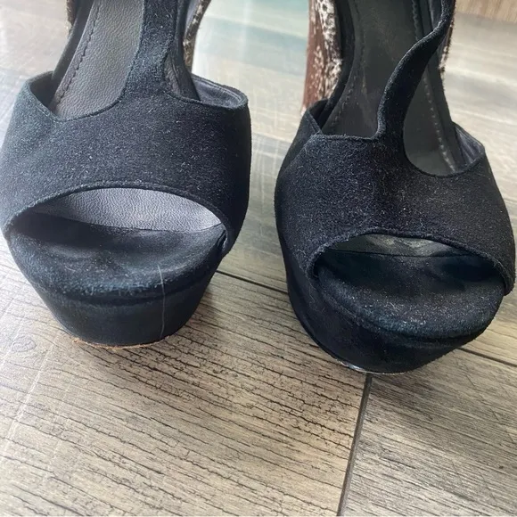 Rachel Zoe Black Suede Animal Print Platform Wedge Heels T-strap Open Toe Sz 11