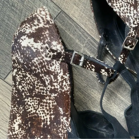 Rachel Zoe Black Suede Animal Print Platform Wedge Heels T-strap Open Toe Sz 11