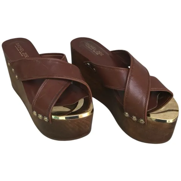 RACHEL ZOE Maddi Soft Calf Wooden Platform Leather Sandals. Sz.9.5 M