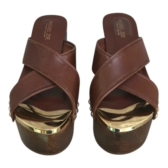 RACHEL ZOE Maddi Soft Calf Wooden Platform Leather Sandals. Sz.9.5 M