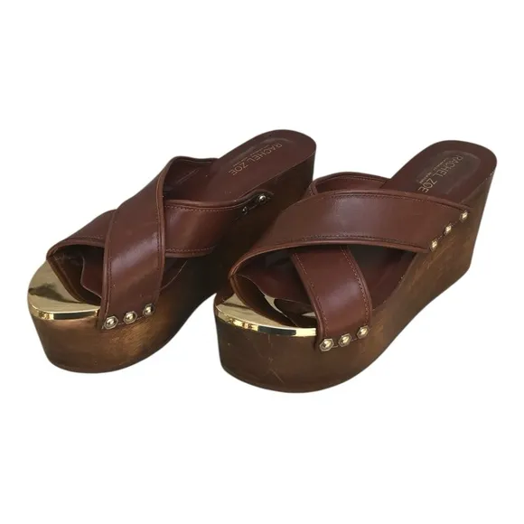 RACHEL ZOE Maddi Soft Calf Wooden Platform Leather Sandals. Sz.9.5 M