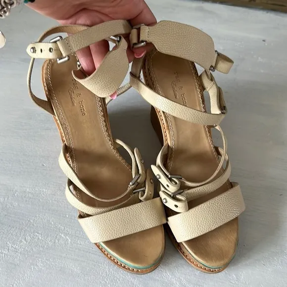 Rag &amp; Bone Pebble Leather Size 6 Made New York Womens Wedge Sandal Strappy Cream