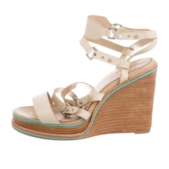 Rag &amp; Bone Pebble Leather Size 6 Made New York Womens Wedge Sandal Strappy Cream