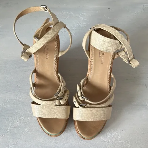 Rag &amp; Bone Pebble Leather Size 6 Made New York Womens Wedge Sandal Strappy Cream