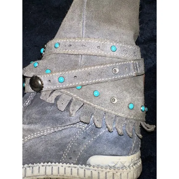 RARE EL VAQUERO SIDNEY HIDDEN WEDGE BEADED MOCCASIN LEATHER BOOTS 38