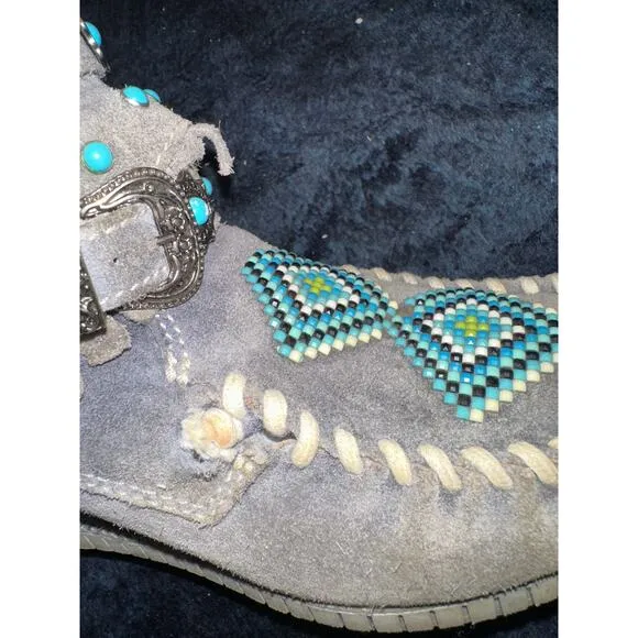 RARE EL VAQUERO SIDNEY HIDDEN WEDGE BEADED MOCCASIN LEATHER BOOTS 38