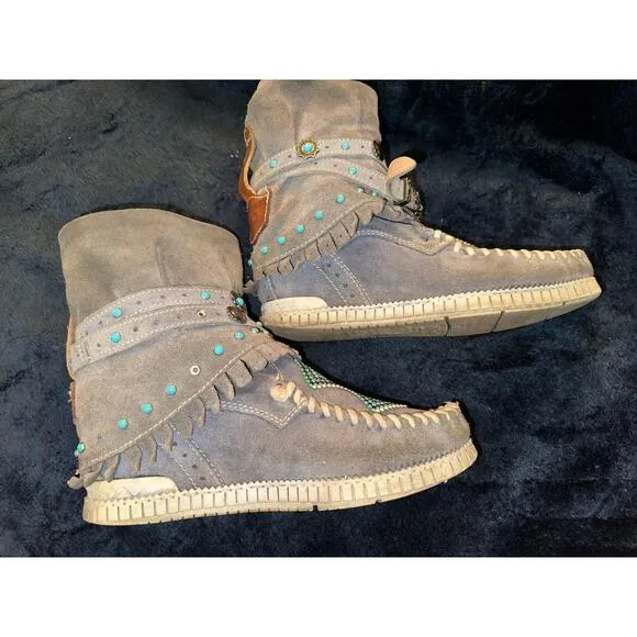 RARE EL VAQUERO SIDNEY HIDDEN WEDGE BEADED MOCCASIN LEATHER BOOTS 38