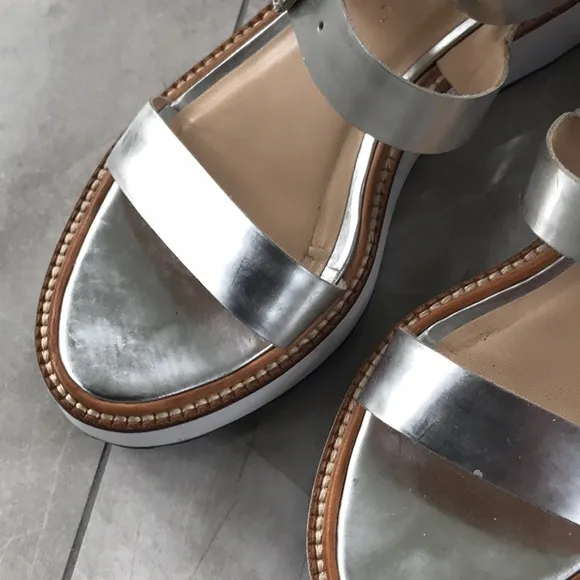 Rare Loeffler Randall, 6.5. Silver/White platforms, double buckle straps.  EUC.