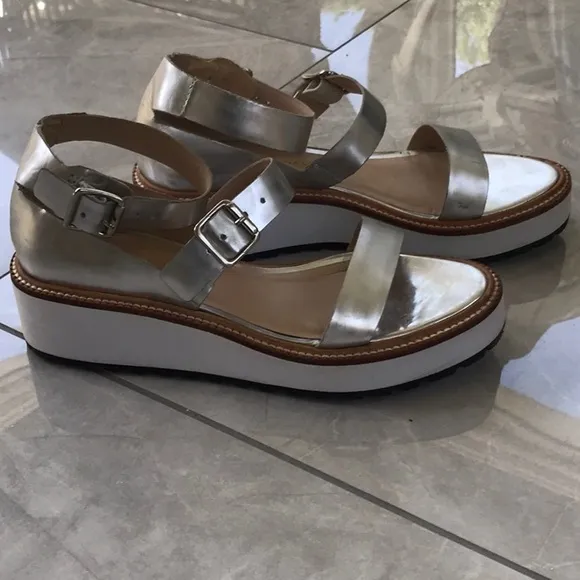 Rare Loeffler Randall, 6.5. Silver/White platforms, double buckle straps.  EUC.