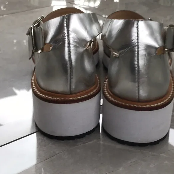 Rare Loeffler Randall, 6.5. Silver/White platforms, double buckle straps.  EUC.