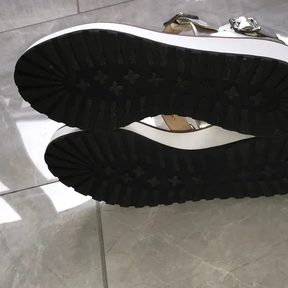 Rare Loeffler Randall, 6.5. Silver/White platforms, double buckle straps.  EUC.