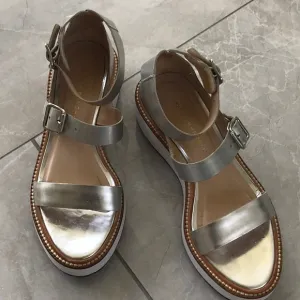 Rare Loeffler Randall, 6.5. Silver/White platforms, double buckle straps.  EUC.
