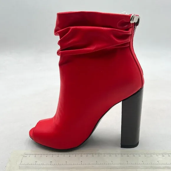 Red Women Stylish Peep Toe Slouch Ankle Boots Chunky Stacked Heels Party Shoes